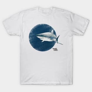 Scuba diving with white shark in deep blue T-Shirt